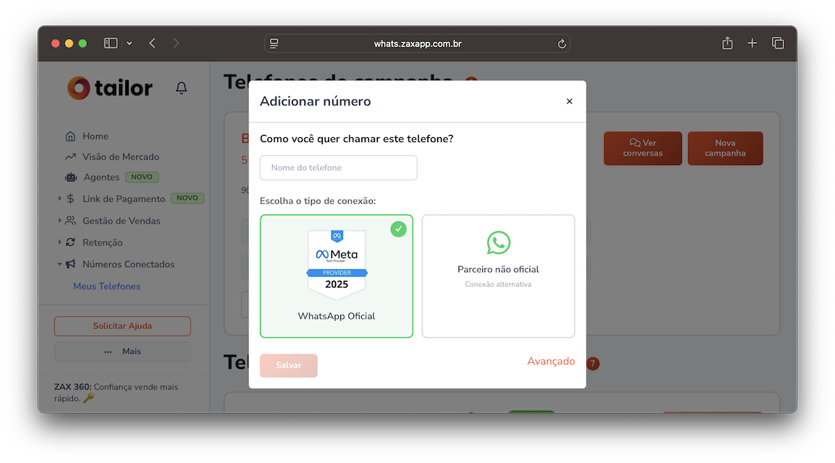 Tela do Tailor mostrando opção de conectar WhatsApp Oficial via Meta Provider